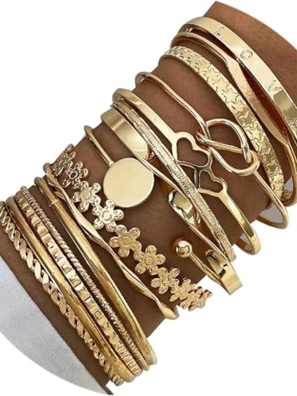 Gold Bangle Bracelet For Women, 14k Multilayer Charm Textured Stackable Bracelet